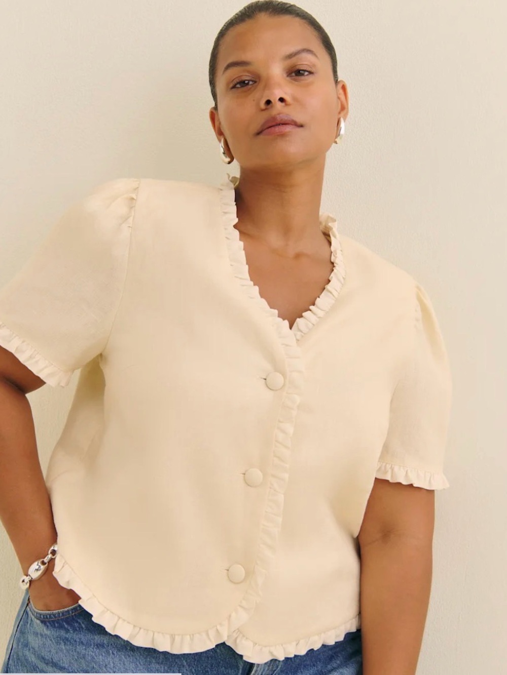 Reformation Bess Linen Top ES Cream Ruffle-Trim Short Sleeve Blouse